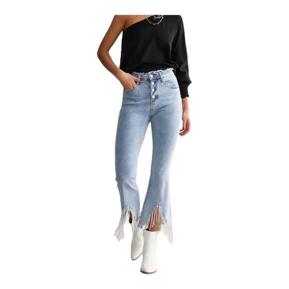Banjul Dressy Y2K Jewel Fringe High Rise Flare Leg Denim Jeans Size Large - Picture 1 of 9